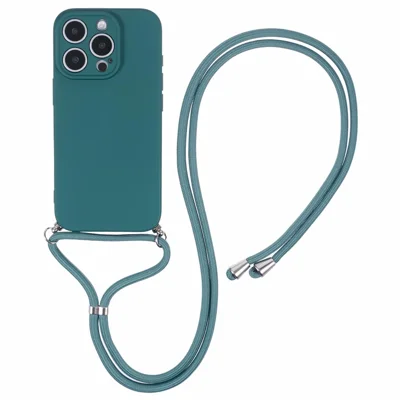 For iPhone 16 Pro Crossbody Case Flexible TPU Fiber Lining Anti-Shock Phone Cover - Army Green
