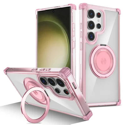 For Samsung Galaxy S23 Ultra Case PC+TPU Magnetic Phone Cover Rotation Kickstand Ring Holder - Transparent Pink