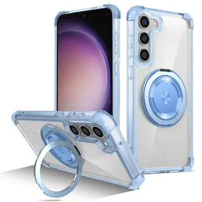 For Samsung Galaxy S23 Case  Magnetic Finger Grip Kickstand PC+TPU Clear Phone Cover - Transparent Blue