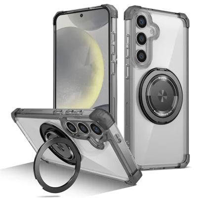 For Samsung Galaxy S24 Magnetic Case PC+TPU Phone Cover Kickstand - Transparent Black
