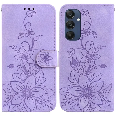 For Samsung Galaxy M35 5G Stand Case Lily Flower Imprint Leather Phone Cover - Purple