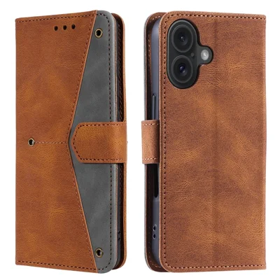 Voor iPhone 16 Plus hoesje met gelaste stiksels Lederen portemonnee telefoonhoes - Bruin