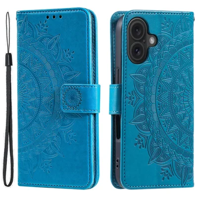 For iPhone 16 Plus Wallet Case Imprinted Totem PU Leather Stand Phone Cover - Blue