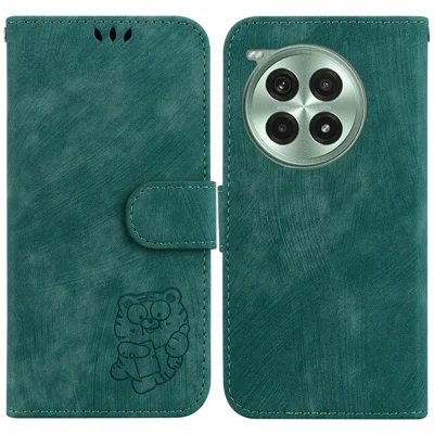 For OnePlus Ace 3 Pro 5G Wallet Case Leather Phone Cover Cute Tiger Imprint - Green