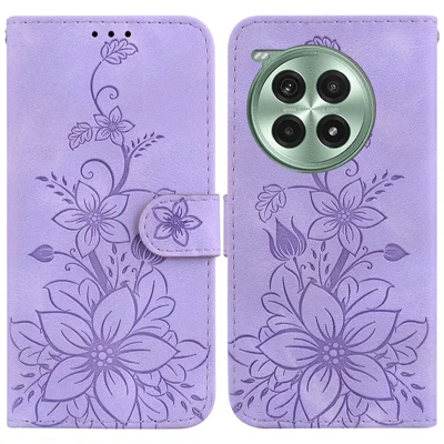 For OnePlus Ace 3 Pro 5G Stand Case Lily Flower Imprint Leather Phone Cover - Purple