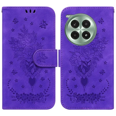 For OnePlus Ace 3 Pro 5G Case PU Leather Wallet Phone Cover Butterfly Flower Imprint - Purple