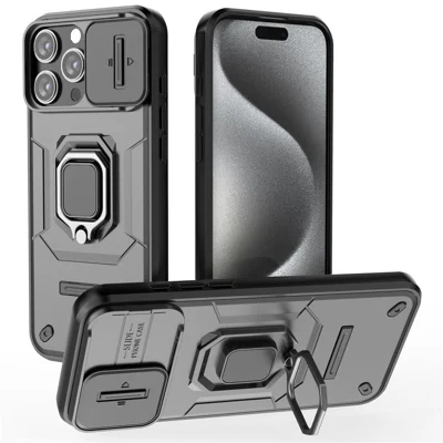 For iPhone 16 Pro Max Case Ring Kickstand Camshield PC+TPU Phone Cover - Black