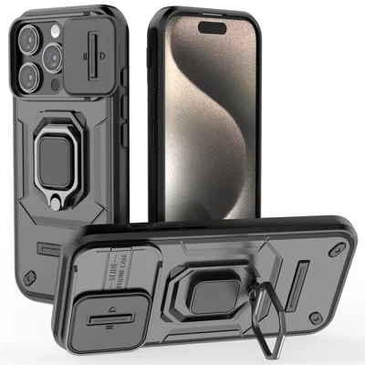 For iPhone 16 Pro Case Ring Kickstand Slide Lens Protection PC+TPU Phone Cover - Black