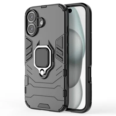 For iPhone 16 Case PC+TPU Ring Holder Kickstand Phone Armor Cover - Black