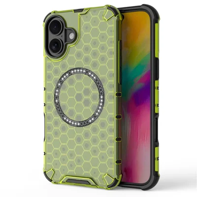 Magneetische telefoonhoes voor iPhone 16 Plus, zeshoekig TPU+PC hybride hoesje - Groen