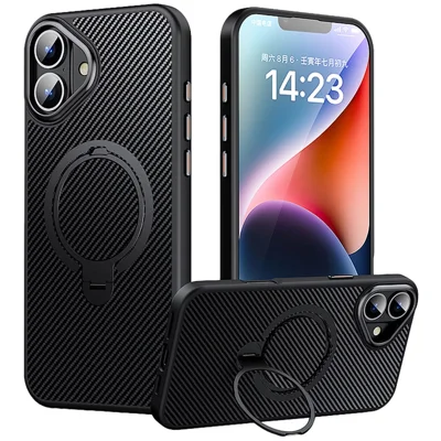 Til iPhone 16 Case Kompatibel med MagSafe PC+TPU Telefonbeskyttelse med Ringholder og Kulfiberstruktur - Sort