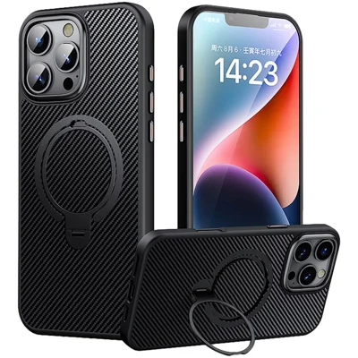 For iPhone 16 Pro Max Magnetic Case Carbon Fiber Texture PC+TPU Phone Cover Rotatable Kickstand - Black