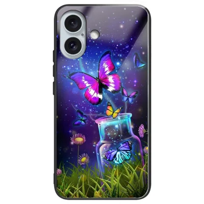 For iPhone 16 Plus Case Pattern Printing Tempered Glass+TPU Phone Cover - Bottle / Butterfly