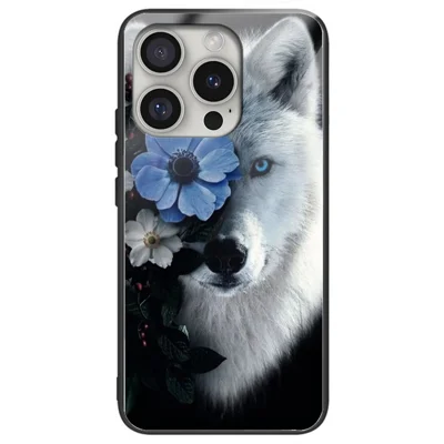 For iPhone 16 Pro Case Pattern Printing Tempered Glass Back TPU Phone Cover - Wolf