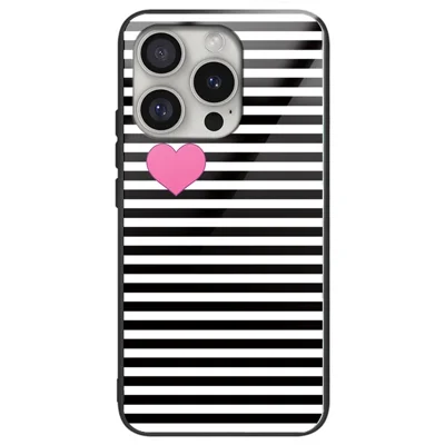 For iPhone 16 Pro Max Shockproof Case Pattern Printed Tempered Glass+TPU Phone Cover - Stripes / Hearts