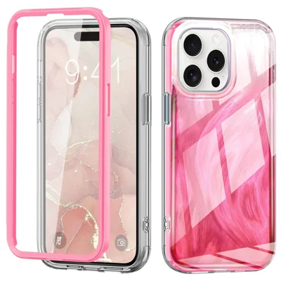 For iPhone 16 Pro Max Case Gradient Feather Pattern PC+TPU Phone Cover Built-In PET Screen Film - Rose