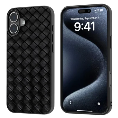 Voor iPhone 16 Plus hoesje Geweven textuur Lederen+PC+TPU Hybride telefoonhoes - Zwart