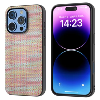 For iPhone 16 Pro Max Case Leather+PC+TPU Phone Cover Plaid Texture - Pink