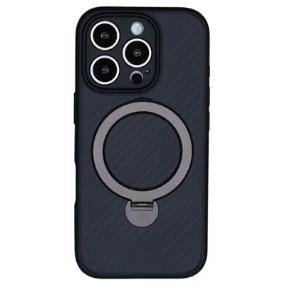 For iPhone 16 Pro Max Magnetic Case TPU+PC Carbon Fiber Texture Phone Cover Rotatable Ring Holder