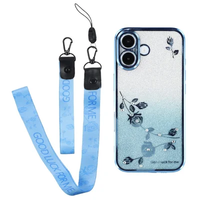 KADEM For iPhone 16 Plus Case Gradient Glitter Flower TPU Phone Cover with Lanyards - Blue