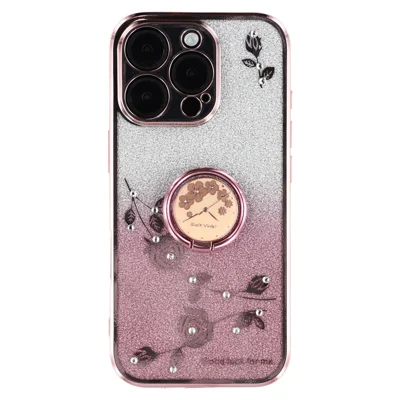 KADEM For iPhone 16 Pro Case TPU Glitter Shiny Rhinestone Phone Cover Ring Kickstand - Rose Gold