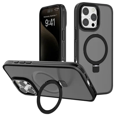 C1 Series For iPhone 16 Pro Max Case Skin Touch TPU+PC Phone Cover Magnetic Kickstand Ring Holder - Black
