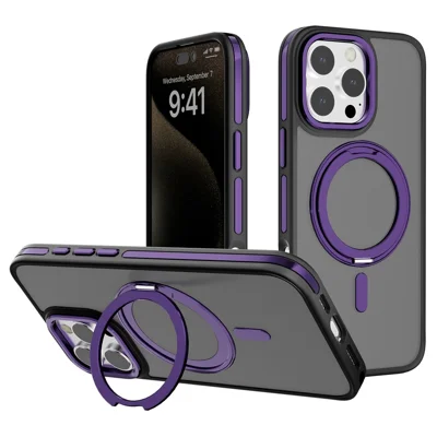 C1 Series For iPhone 16 Pro Case Matte Translucent Back TPU+PC Phone Cover Rotatable Magnetic Kickstand - Dark Purple