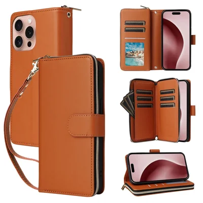 R20 For iPhone 16 Pro Max Case Zipper PU Leather Phone Cover with 9 Card Slots - Brown