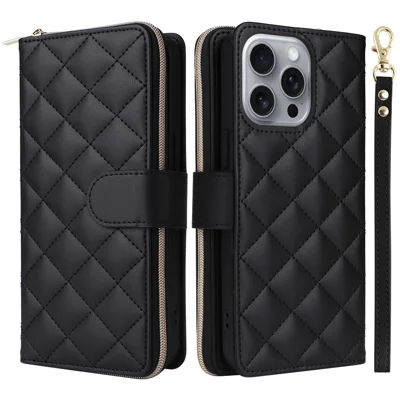Voor iPhone 16 Pro hoesje met ritssluiting portemonnee PU leer ruitvormig telefoonhoesje met 2 bandjes - Zwart