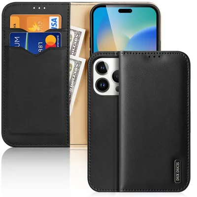 Чехол для телефона DUX DUCIS Hivo Series для iPhone 14 Pro, полная защита, натуральная кожа, флип-бумажник, с подставкой, с блокировкой RFID - черный
