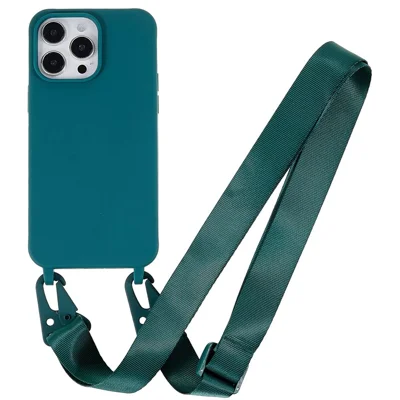 For iPhone 16 Pro Lanyard Case TPU Soft Matte Phone Cover - Dark Green