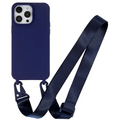 For iPhone 16 Pro Max Case Matte TPU Cell Phone Cover Adjustable Neck Cord Strap - Dark Blue