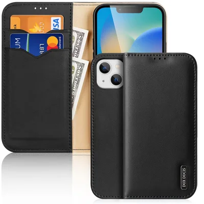 DUX DUCIS Hivo Series for iPhone 14 Plus Magnetic Closure Phone Wallet Case RFID Blocking Genuine Leather Anti-scratch Folio Flip Cover Stand - Black