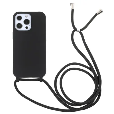 For iPhone 16 Pro Crossbody Case Soft TPU Phone Cover with Adjustable Lanyard - Black