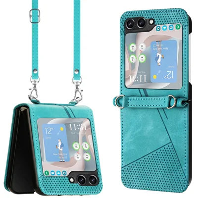 For Samsung Galaxy Z Flip7 FE 5G / Z Flip6 5G / Z Flip5 5G Case Triangle Patterns PU Leather Hard PC Crossbody Phone Cover - Green