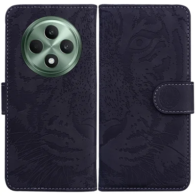 For Oppo Reno12 F 5G Wallet Case Tiger Imprint Leather Folio Flip Phone Cover - Black