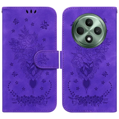 For Oppo Reno12 F 5G Case PU Leather Wallet Phone Cover Butterfly Flower Imprint - Purple