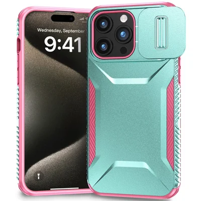 For iPhone 15 Pro Case Anti-Slip PC+TPU Phone Cover with Slide Camera Guard - Green  /  Pink