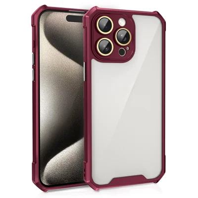 For iPhone 15 Pro Case Clear Acrylic+TPU Shockproof Anti-Scratch Phone Cover with Lens Film - Wine Red