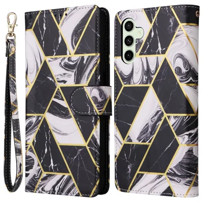 For Samsung Galaxy S24 FE Case Lacquered Marble Pattern Leather Phone Cover - Black