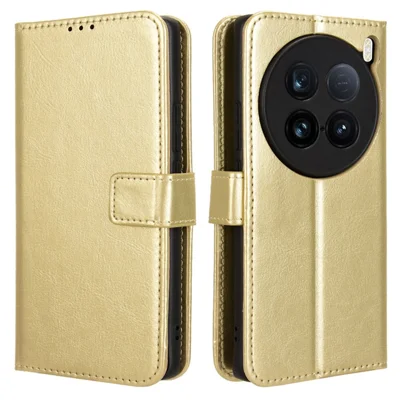 For vivo X100 Ultra 5G Protective Case Leather Wallet Phone Cover Crazy Horse Texture - Gold