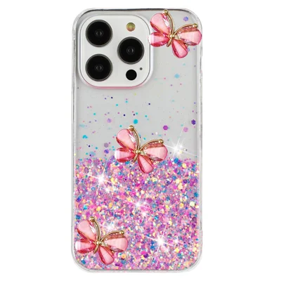 For iPhone 16 Pro Max Case Luminous Effect Sparkle 3D Butterfly TPU Phone Cover - Luminous Pink