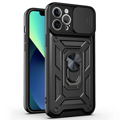For iPhone 11 Pro Max Case Kickstand PC+TPU Phone Cover with Slide Camera Lid - Black