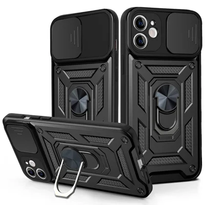For iPhone 11 Case with Slide Camera Lid PC+TPU Kickstand Phone Cover - Black