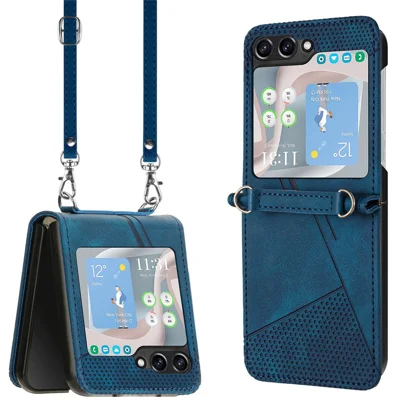 For Samsung Galaxy Z Flip5 5G Crossbody Case PU Leather Triangle Patterns Slim Phone Cover - Sapphire
