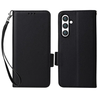 For Samsung Galaxy S24 FE Case with Wrist Strap Litchi Texture PU Leather Wallet Phone Cover - Black