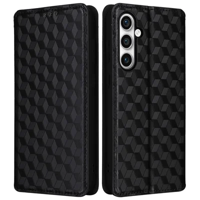 Etui portfelowe do Samsung Galaxy S24 FE z nadrukiem rombów, skórzana obudowa na telefon - Czarny