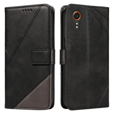 For Samsung Galaxy Xcover7 Case Shockproof Geometric Line Leather Phone Cover Card Holder - Black
