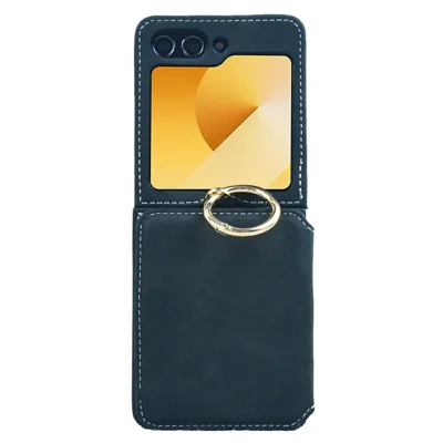 For Samsung Galaxy Z Flip5 5G Case Card Holder Leather + PC Phone Cover with Finger Ring - Black