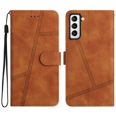 For Samsung Galaxy S22+ 5G Vintage Skin-touch Feeling Lines Decor PU Leather Shockproof Cover Anti-drop Flip Stand Phone Wallet Case - Brown